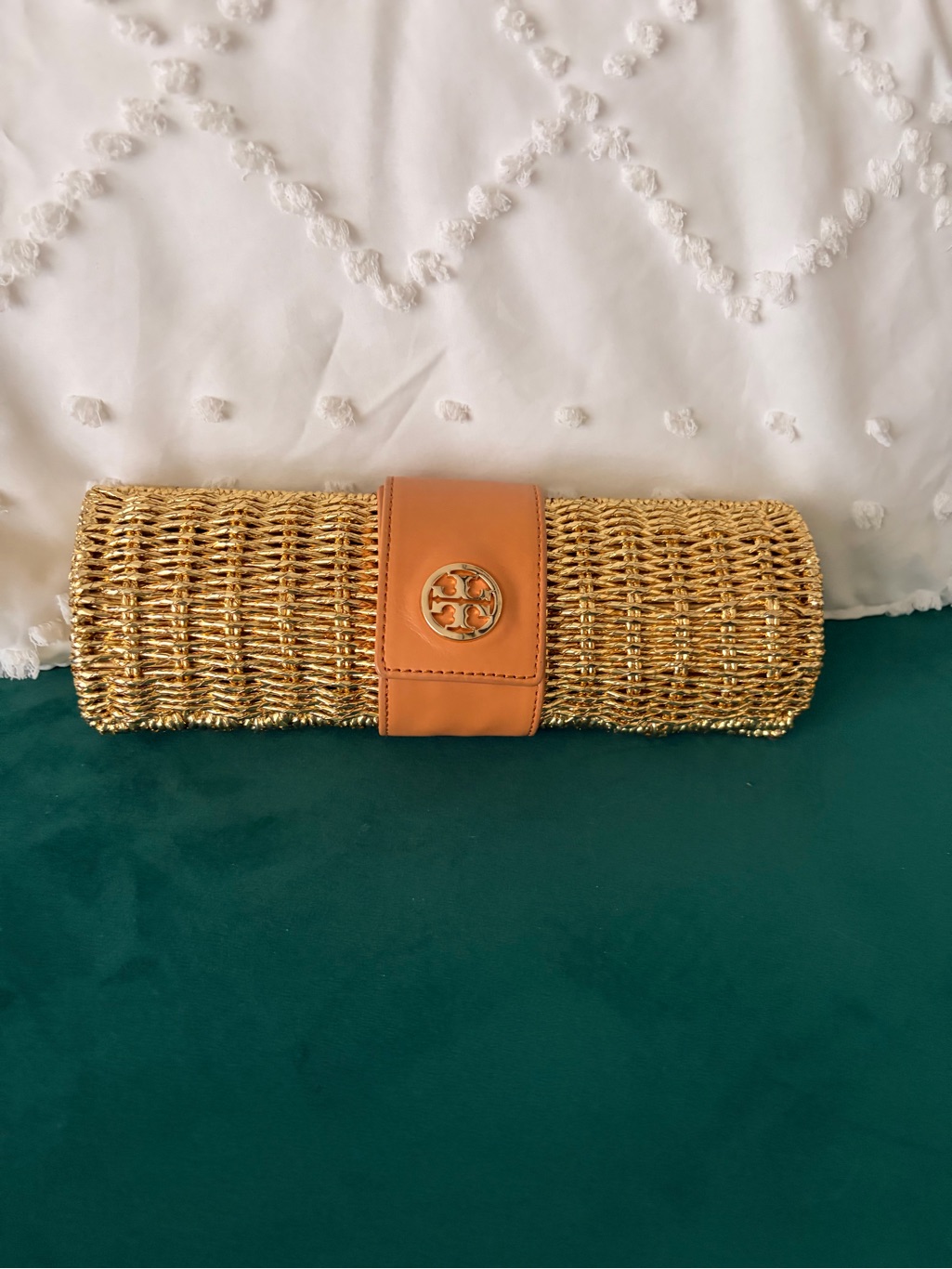 Tory Burch Gold Woven Clutch With Tan Leather Strap